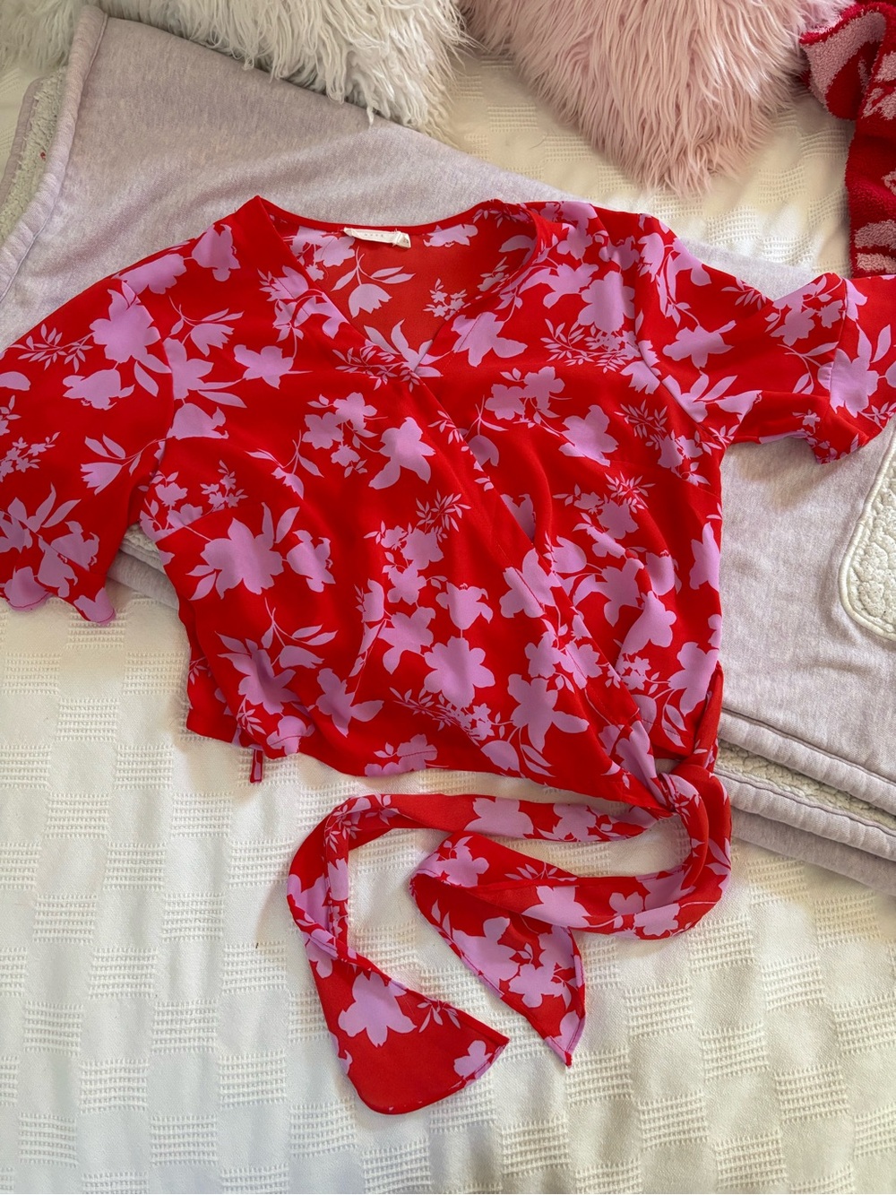 LUSH Red Floral Wrap Crop Top with Lilac Blossoms